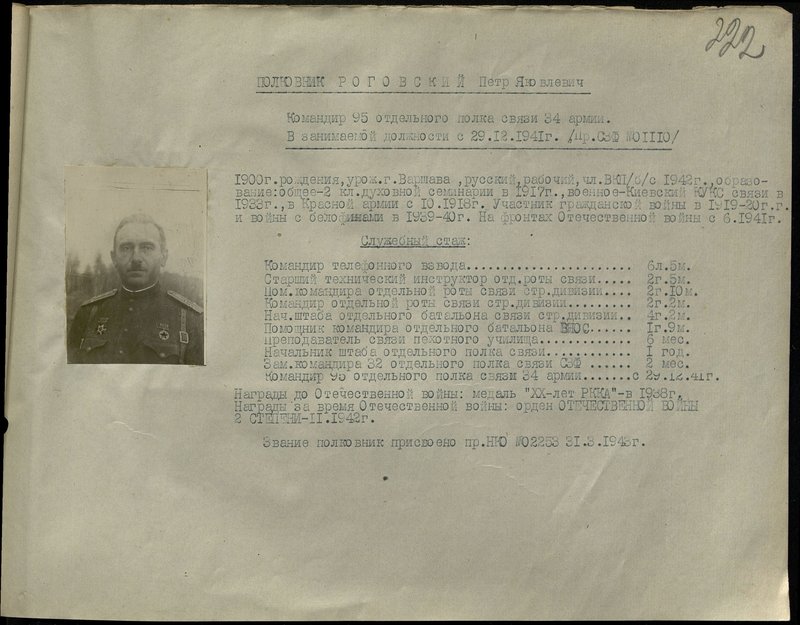 Original image: Colonel Rogovsky Pyotr Yakovlevich. Commander of the 95th Separate Signal Regiment of the 34th Army