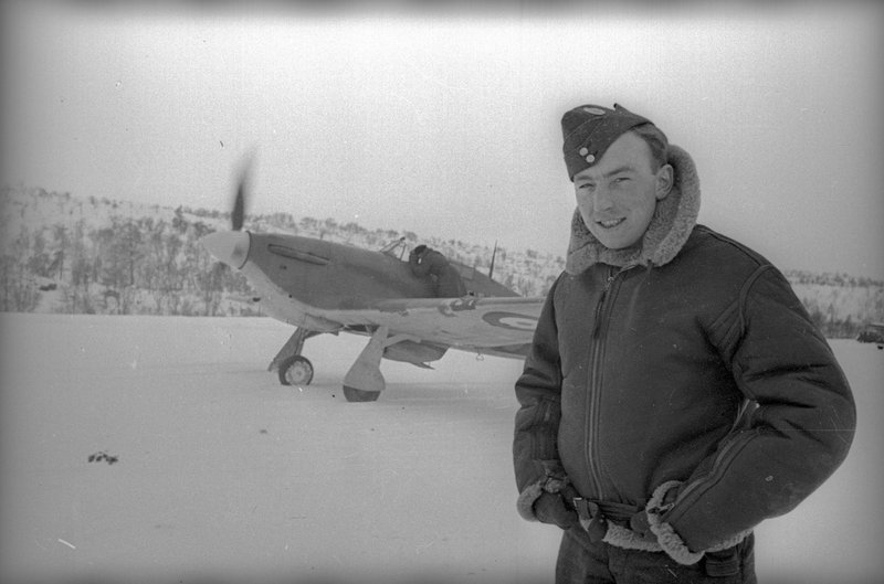 English pilot How Ward at the Hawker Hurricane fighter aircraft. Kola Peninsula