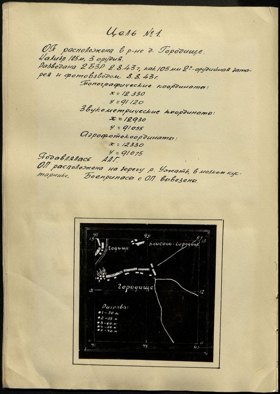 Оригинальный образ: Цель № 1. Огневая позиция расположена в районе д. Городище. Калибр 105 мм, 3 орудия