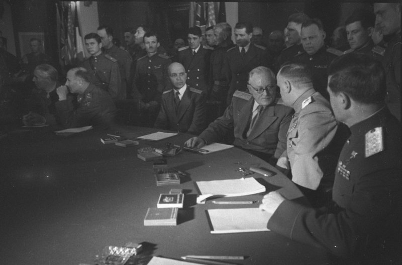 Soviet delegation at the signing ceremony of the Declaration of German Defeat