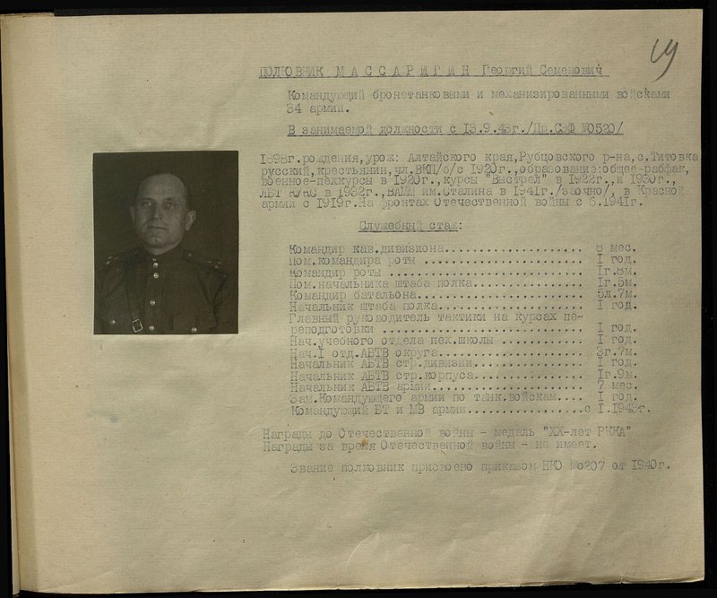 Original image: Colonel Massarigin Georgy Semyonovich. Commander of the armored and mechanized forces of the 34th Army