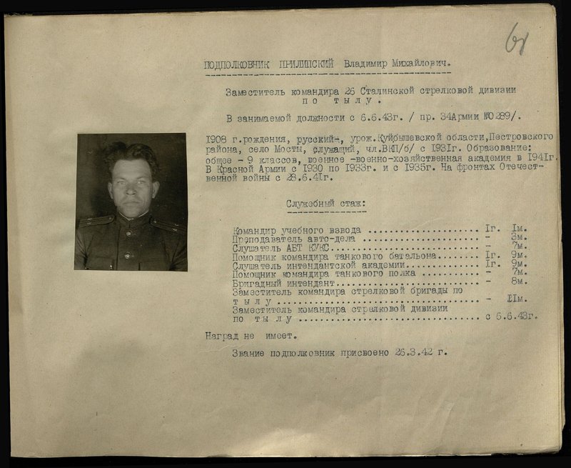 Оригинальный образ: Подполковник Прилипский Владимир Михайлович. Заместитель командира 26 Сталинской стрелковой дивизии по тылу