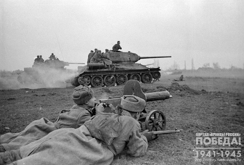 Tank and infantry units of the 2nd Ukrainian front in combat on the approaches to Budapest