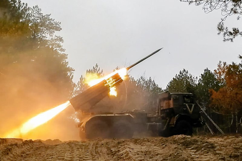 Operation of Grad MLRS in SVO Zone in Kherson region. Russia. Kherson region. Combat operation of Grad MLRS based on KamAZ truck in the Special Military Operation zone