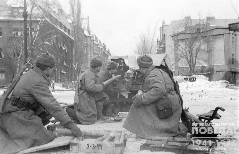 An artillery gun of junior sergeant R.A.Akulich laying direct fire over German fortifications