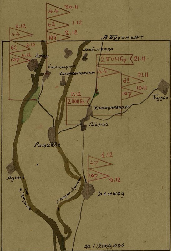 Image: Scheme of crossings across the Tissa River and the deployment of the 2nd Pontoon Brigade (PONBR)