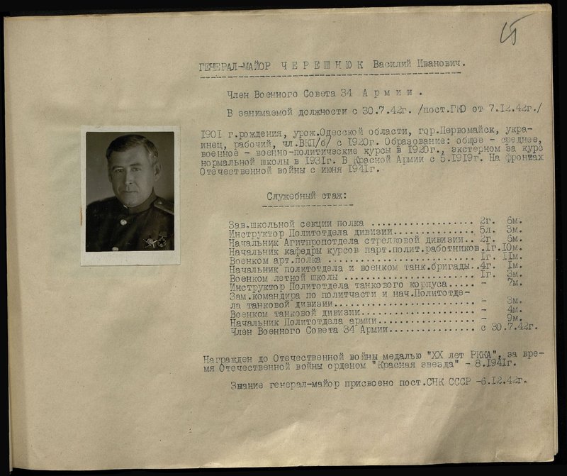 Оригинальный образ: Генерал-майор Черешнюк Василий Иванович. Член Военного Совета 34 Армии
