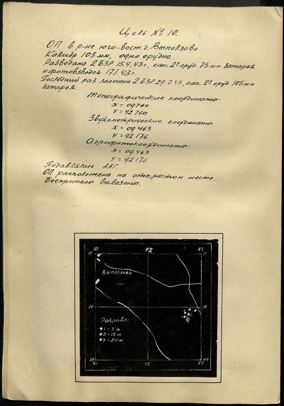 Оригинальный образ: Цель № 10. Огневая позиция в районе юго-вост. д. Выползово. Калибр 105 мм, одно орудие