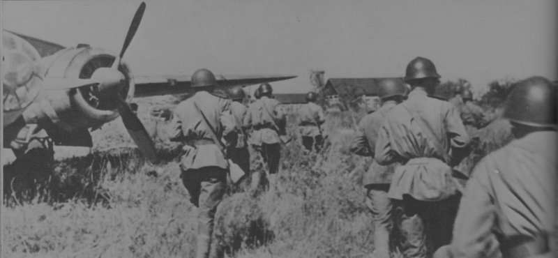 Soviet soldiers seizing the Japanese airfield near Harbin