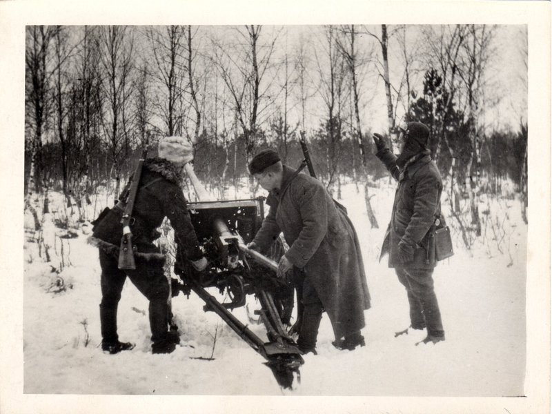 Partisan gun in the A.V. Suvorov detachment of the V.M. Molotov brigade of the Pinsk formation. Belarus, 1943