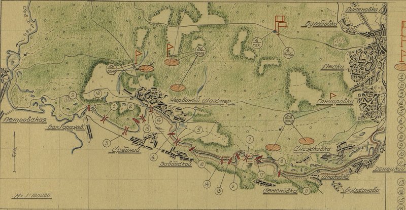 Image: Scheme of the planned and built ferry and bridge crossings across the Severny Donets River in the Bol region. Garazhevka-Semenovka in the period from 17.07 to 24.07 1943