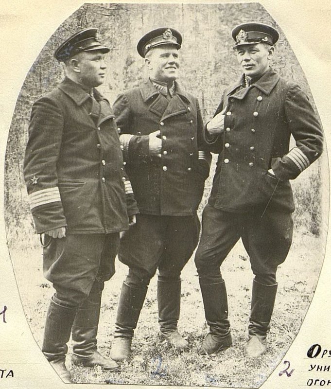 Image: Brigade command: from left to right Colonel Commissar Aushev, Engineer Captain 2nd Rank Gudimov, Colonel Roslov