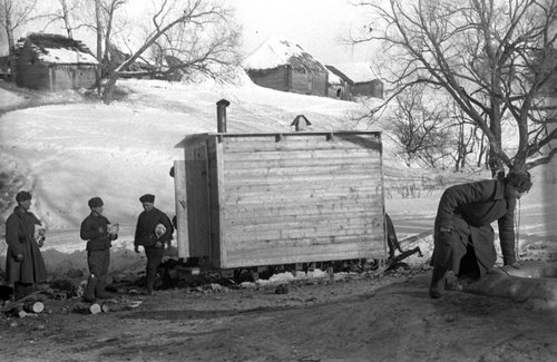 Mobile bath (Russian banya) on a sleigh in the unit of Major General Zakharov (Western Front).
