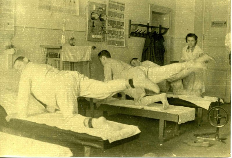 Group physical therapy in evacuation hospital #1668. 1941-1943. Kazan