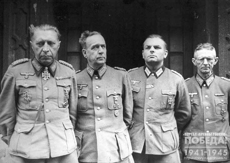 The 56th Artillery regiment Commander German General Helmuth Wielding (left) and other German generals of his headquarters in captivity on May 2nd in Berlin, Germany, 2 May 1945, the last commander of all Berlin’s defenses  appointed by Hitler personally