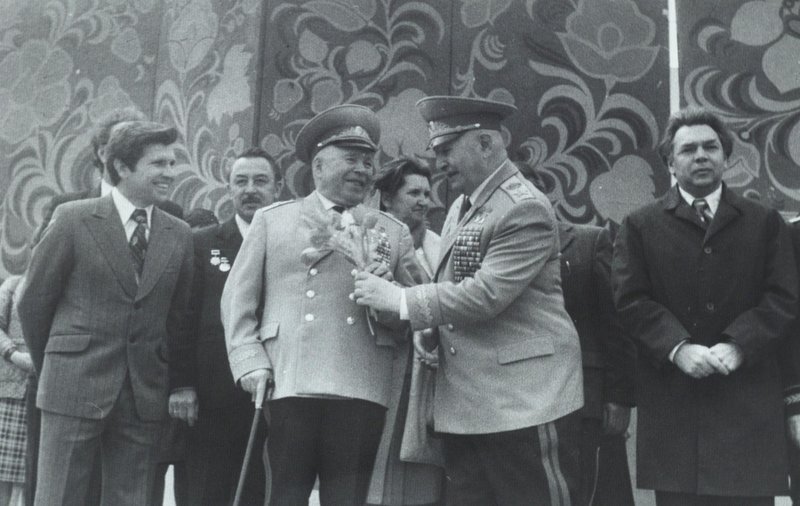 In the foreground: Marshal of the Soviet Union I. Baghramyan (on the right) and General of Army A. Beloborodov (at the stands during the rally)