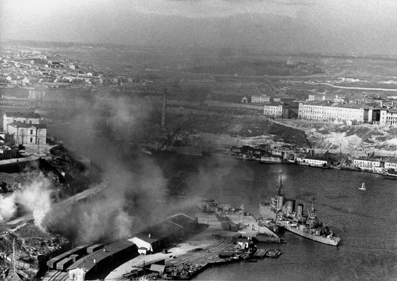 Naval smoke screen during an air-raid warning. Sevastopol