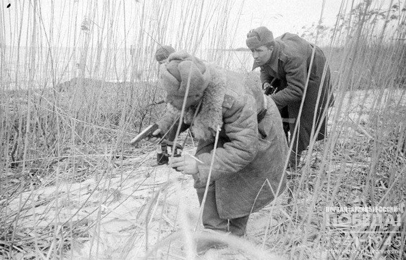 Artillery battery Commander Guards Captain Gelbert and Red Army soldiers Neitrulin and Kravchenko make their way to an observation post in the area of Stettin Harbor