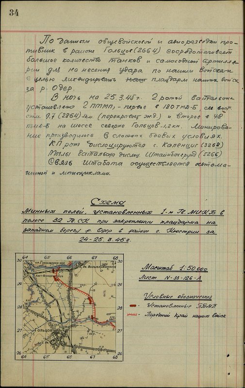 Original image: Diagram of the minefields set up by the battalion of the 1st Guards Motor-Engineering Corps in the 32nd Guards Rifle Corps zone while securing a bridgehead on the western bank of the river. Oder in the area of Kustrin for 24-25.3.45.