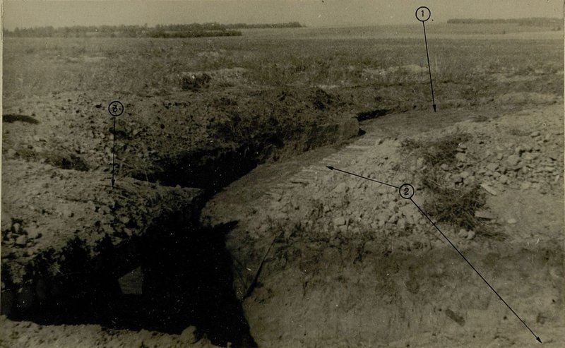Фотография: Огневая позиция противотанкового батальонаО с двумя площадками для орудия. На снимке видны: 1 - площадка для орудия; 2 - съезды в укрытие; 3 - укрытие для орудия