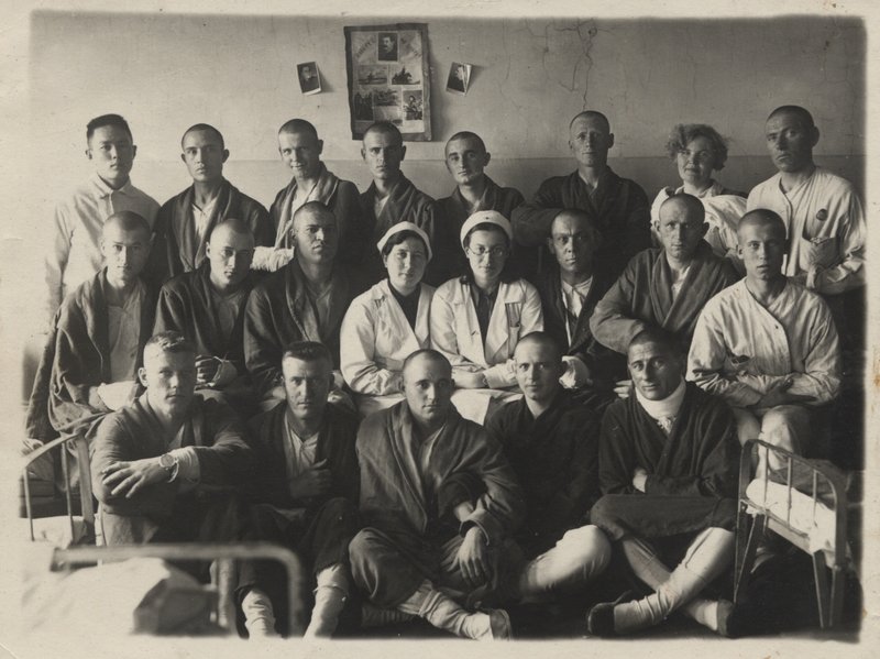 "Group portrait of Red Army soldiers undergoing treatment in Evacuation Hospital No. 5355."