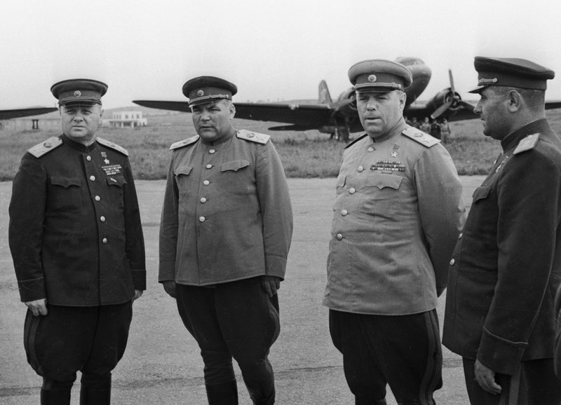 Marshals of the Soviet Union K. Meretskov, R. Malinovsky and A. Vasilevsky on the Dairen airfield