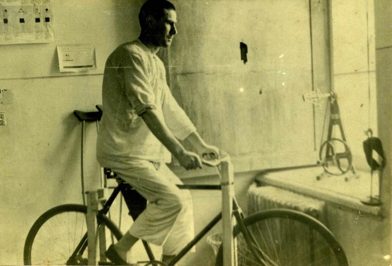Doing physical therapy in hospital #1668 – cycling. 1941-1945. Kazan
