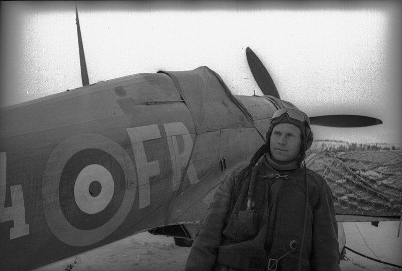 Captain Vasily Rodin near the Hurricane MK II fighter. Murmansk region