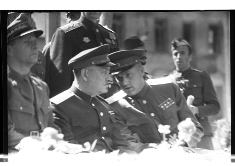 Soviet and Polish commanders on the podium during the military parade