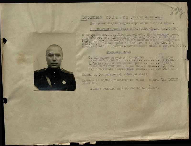 Оригинальный образ: Подполковник Колычев Дмитрий Филиппович. Начальник Отдела кадров Управления тыла 34 армии