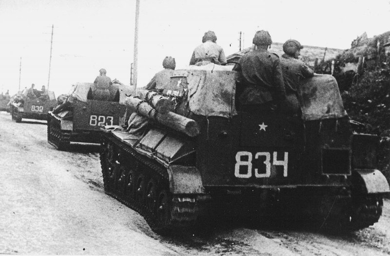 Convoy of Soviet SU-76M self-propelled guns on the march in southern Sakhalin