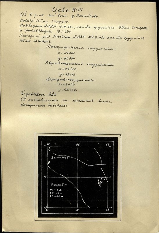 Оригинальный образ: Цель № 10. Огневая позиция в районе юго-вост. д. Выползово. Калибр - 105 мм, 1 орудие