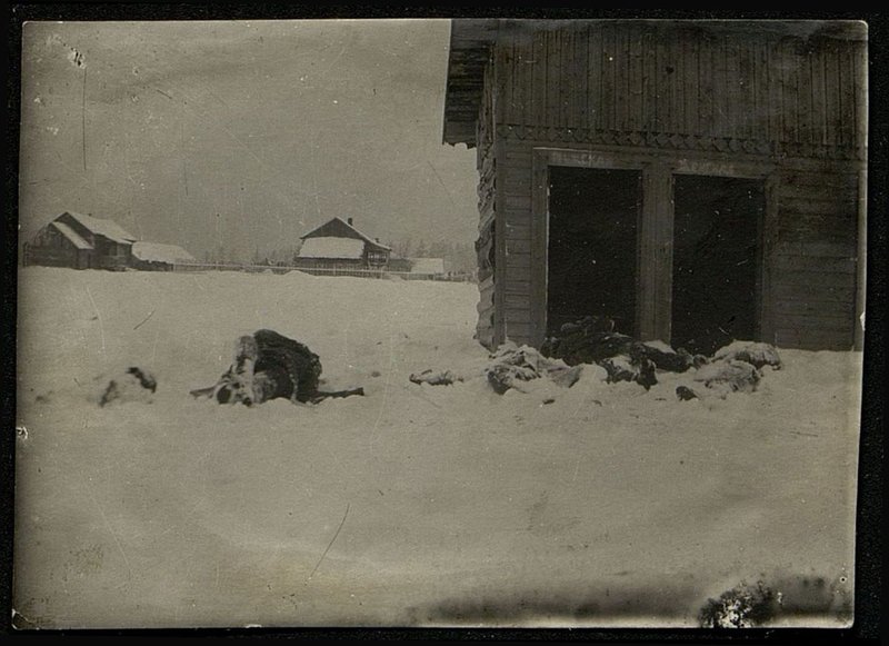 Original image: The executed prisoners of the Red Army near the restroom in the village of Aleksandrovka, Ostashkovsky district