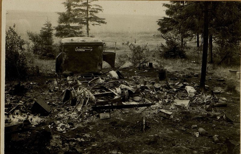 Image: One of 20 destroyed cars at the edge of the forest 1 km. from. h. Matsawa. The 7-ton vehicle was completely destroyed by the anti-tank aerial bomb. Within a radius of up to 5 meters from it, up to 18 craters from an anti-tank aircraft bomb were found, of which 4 direct hits