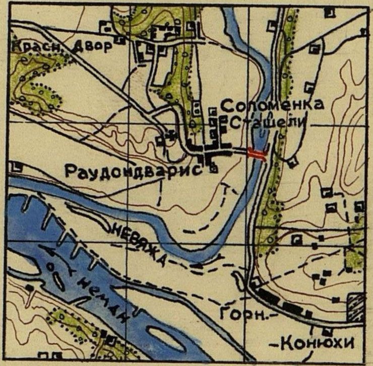 Image: A copy from map No. 34-48-B indicating the point of pointing the floating bridge for loads of 16 tons 28 Red Army battalions