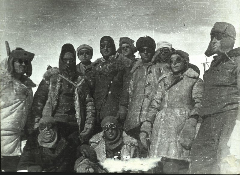 A team of military mountaineers climbing Elbrus to remove German flag and to raise the Soviet one. 