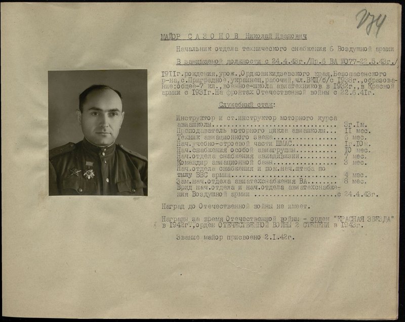 Original image: Major Sazonov Nikolai Ivanovich. Head of the Technical Supply Department of the 6th Air Army