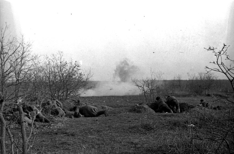 Preparation fire delivered by Soviet artillery before an infantry attack in the Crimea’s front sector