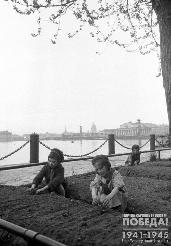 Children at the garden beds on the embankment in Leningrad