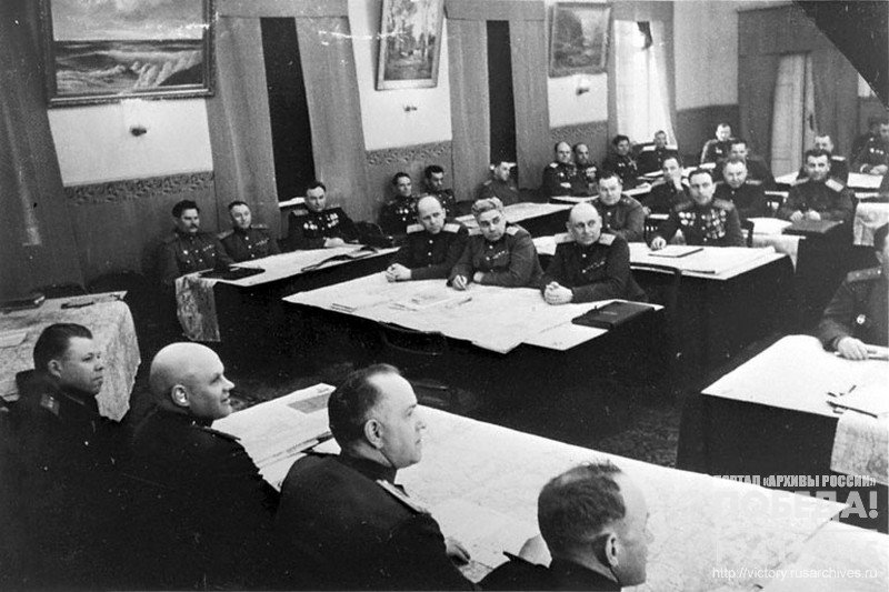 Commander of the 1st Belorussian Front  Soviet Union Marshal G.K. Zhukov and other high command personnel during  staff exercises prior to offensive operations