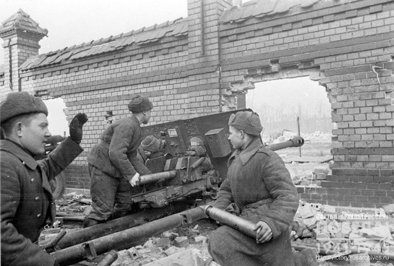 Sergeant Nurmukhamedov's gun fires at the enemy in Pomerania