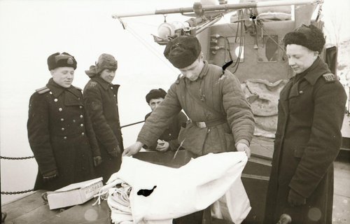 Привезли маскировочные халаты. Разведчик-радист краснофлотец Манаенко Т.С. их принимает. Днепровская военная флотилия