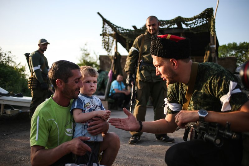 Checkpoint of the people's militia in Sloviansk.  Peoples' militiaman at the checkpoint