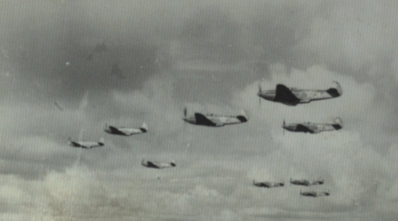 Parade figure nine of aircrafts on air training during rehearsal of the air Parade in honor of Victory