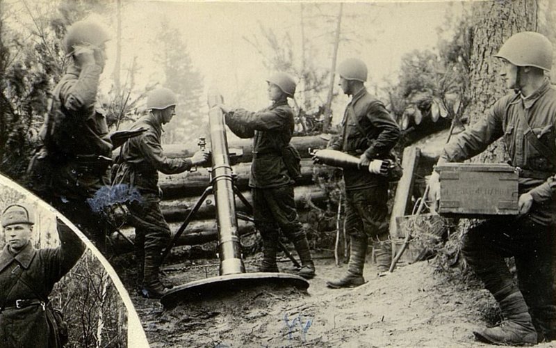 Фотография: Минометный расчет старший серж. Смирнова П.Н. (мин. д-н) уничтожил 80 белофиннов, 1 минную батарею и 1 станковых пулеметов