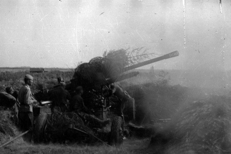 «Калининский фронт. 85-мм зенитная пушка образца 1939 года на полевой позиции.»