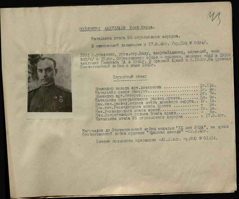 Оригинальный образ: Полковник Абдуллаев Юсиф Мирза. Начальник штаба 96 стрелкового корпуса