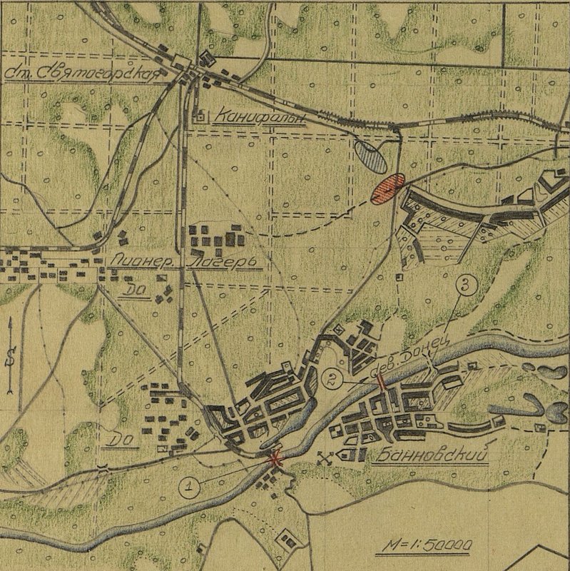 Image: Scheme of a bridge crossing over the Severny Donets River in the Bannovsky area, built by the 4th pontoon-bridge Brigade in the period from 20 to 22.07.43.