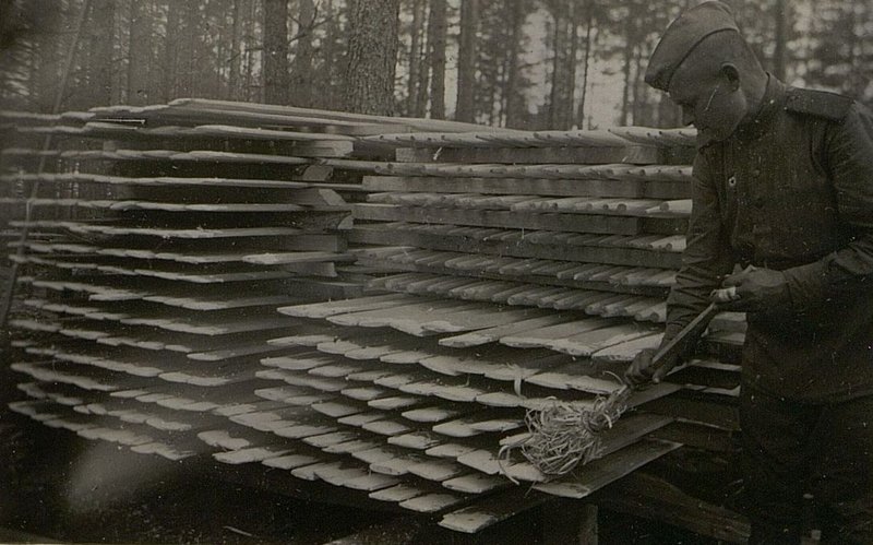 Фотография: Склад весел гвардии. Красноармеец Балалаишников производит обмазку концов мелом, чтоб при высыхании весла не дали трещин