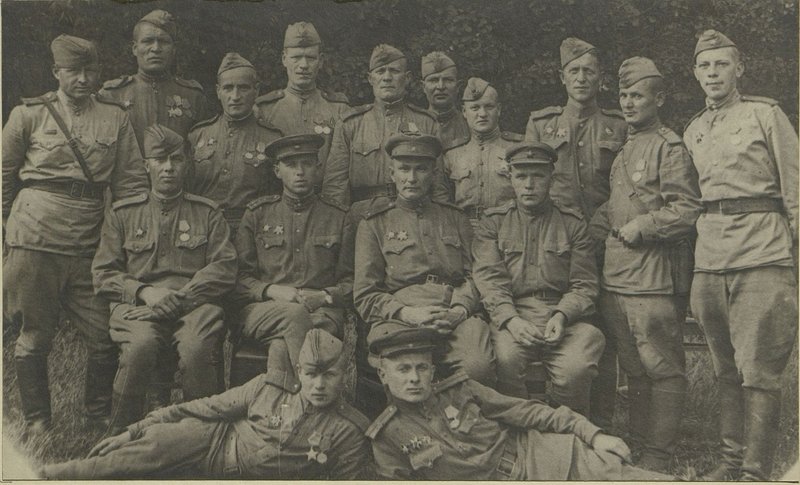 Image: 1st row: Private Petrov, senior lieutenant Ivlev. 2nd row: Lieutenant Barsukov, Captain Shtromberg, Lieutenant Sfyfutdinov, Major Ivanov. 3rd row: Lieutenant Rumyantsev, Private Ayupov, Senior Sergeant Kutsenko, Private Ippolitov, Sergeant Spiridonov, Sergeant Varshavsky, Senior Sergeant Popov, Senior Lieutenant Golubev, Corporal Sulimanov, Red Army soldier Titov
